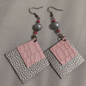 Leather Pink and Grey Bead Earrings